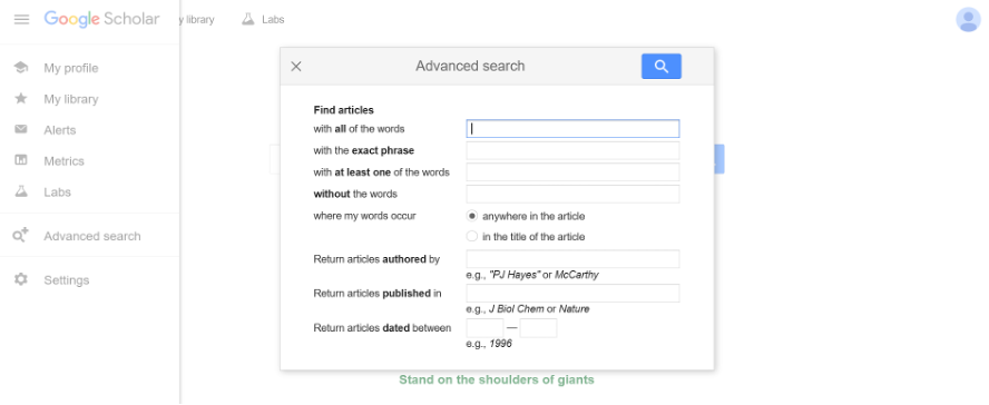 Google Scholar Advanced Search form with fields for exact phrase, author, publication, and date range.