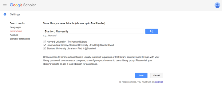 Google Scholar Library Links settings showing a library selected for full-text access.
