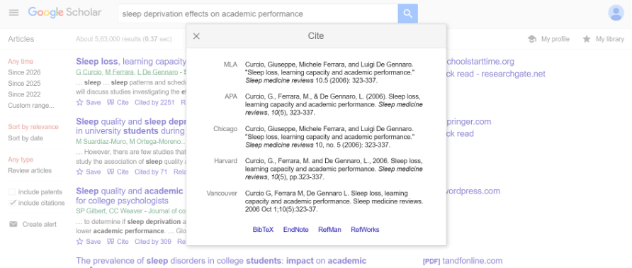 Google Scholar Cite menu displaying citation styles and export options.